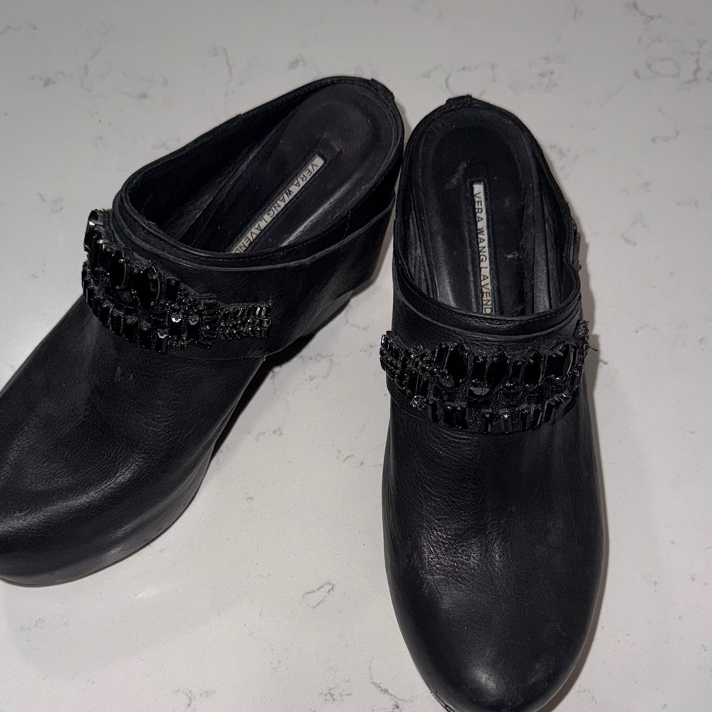 Vera Wang Black Leather Jeweled Mule Clogs
